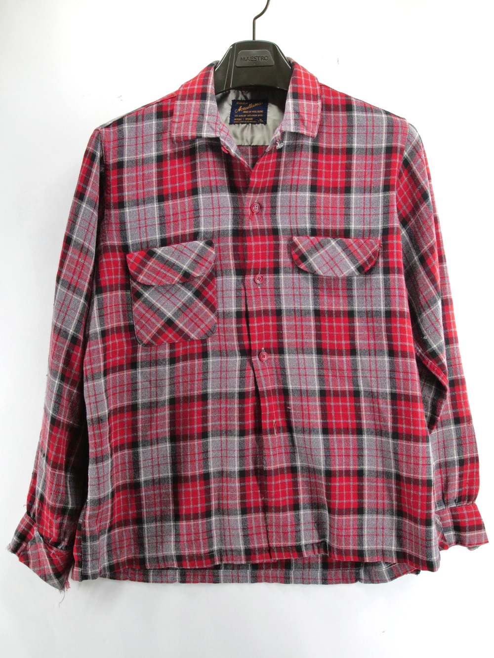 VTG 50s 60s Acrallama Milliken Flap Pocket Red Plaid Shirt Medium